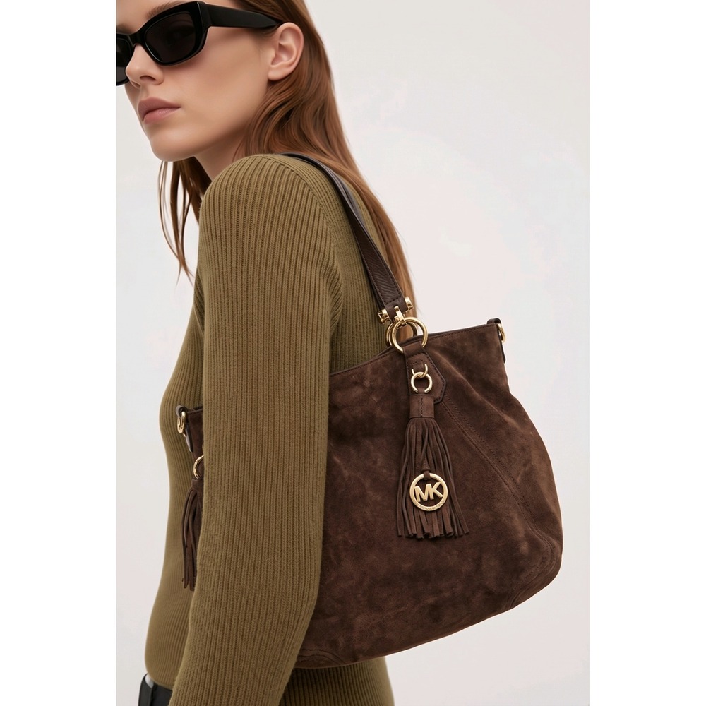 Michael Kors Brown Suede Tassel Hobo Shoulder Bag Gold Tone Hardware Large